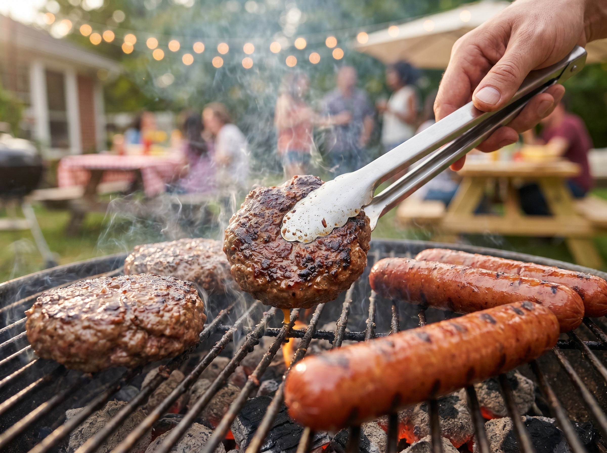 Close up of hand using tongs to grill beef burger patties and sausages on outdoor charcoal barbecue grill with smoke during summer party